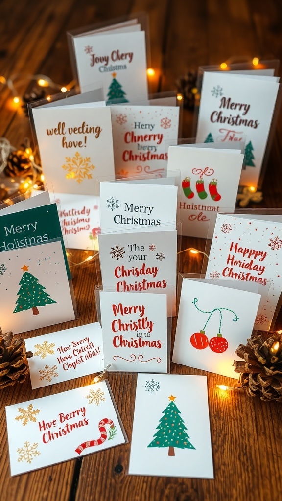 A collection of Christmas cards with festive designs and sayings on a wooden table with fairy lights.